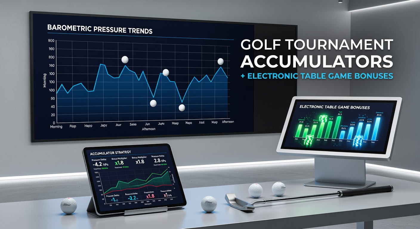 Golf course under varying weather conditions with barometric pressure data overlay for tournament analysis