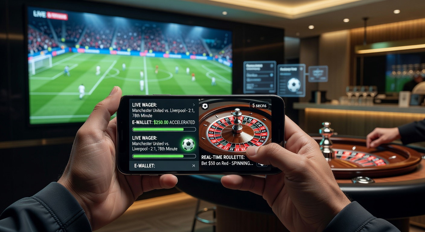 Mobile phone screen showing live soccer betting app with e-wallet deposit option active during a match