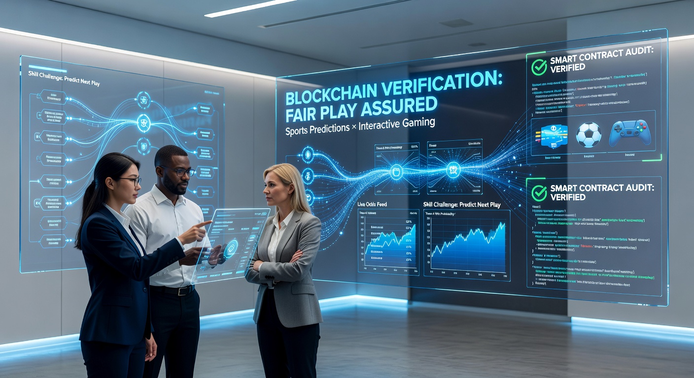 Blockchain ledger visualization showing transparent sports prediction records and gaming module interactions