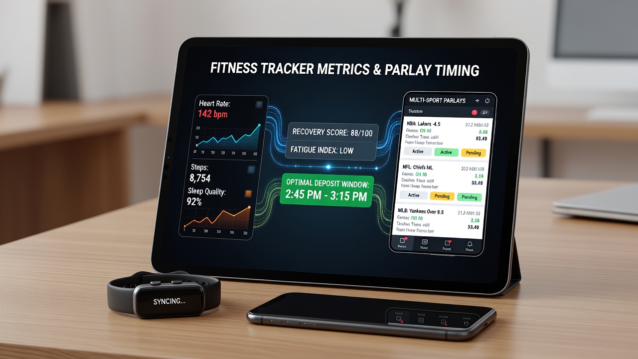 Fitness tracker data displayed alongside mobile betting app interface for parlay timing decisions