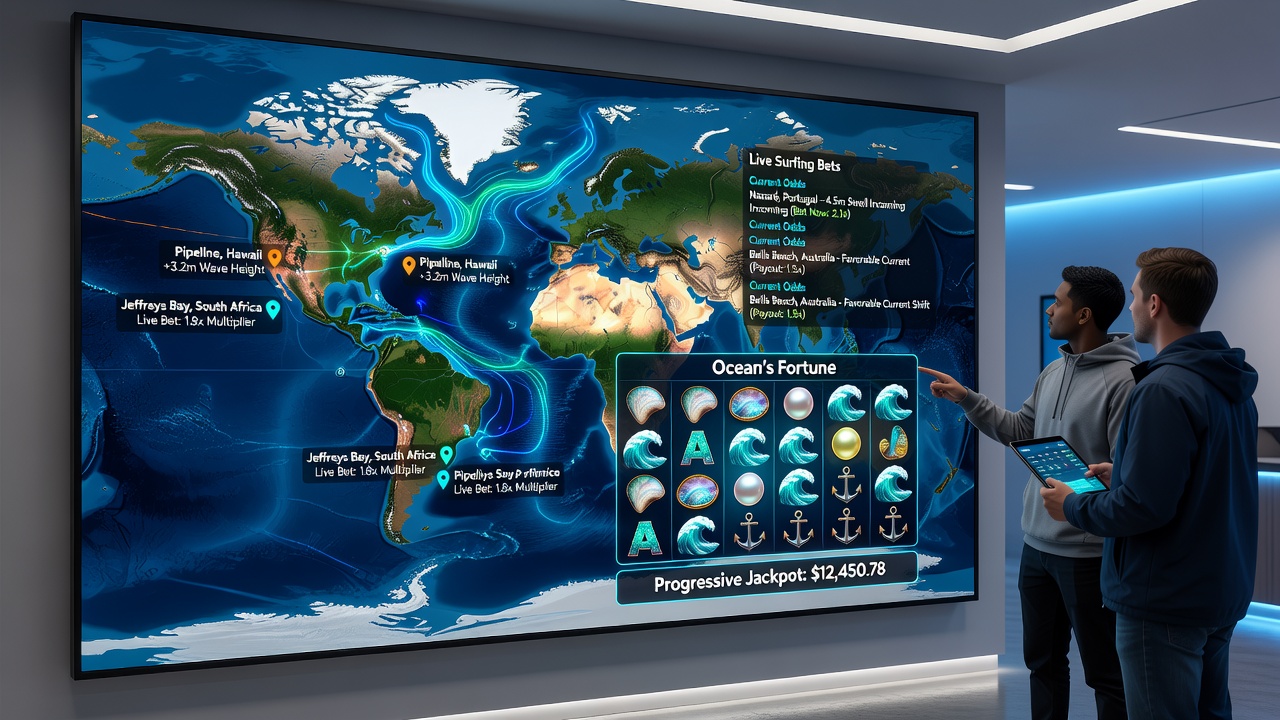 Split view showing live surf betting dashboard next to ocean slot bonus screen with current data indicators
