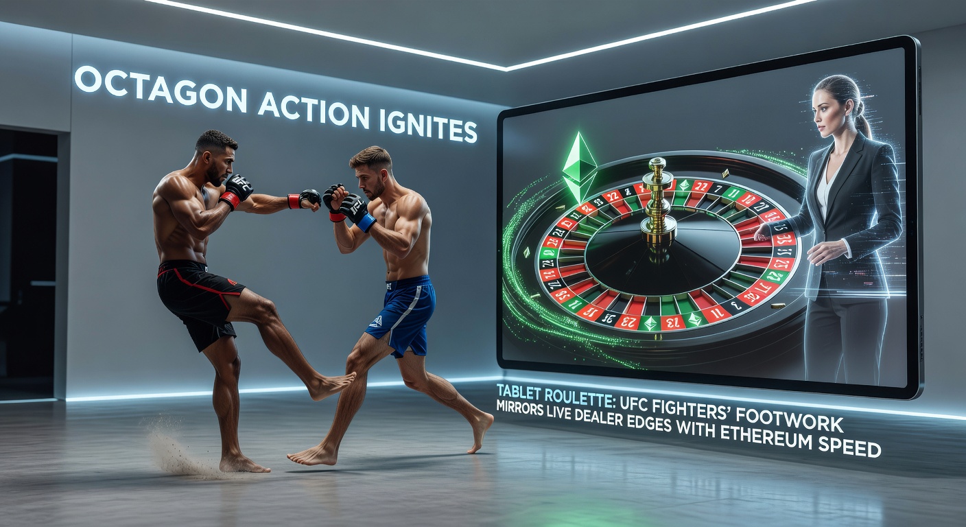 UFC fighter executing precise footwork in the octagon while a tablet displays a spinning live dealer roulette wheel in the foreground, symbolizing the blend of combat agility and rapid online betting