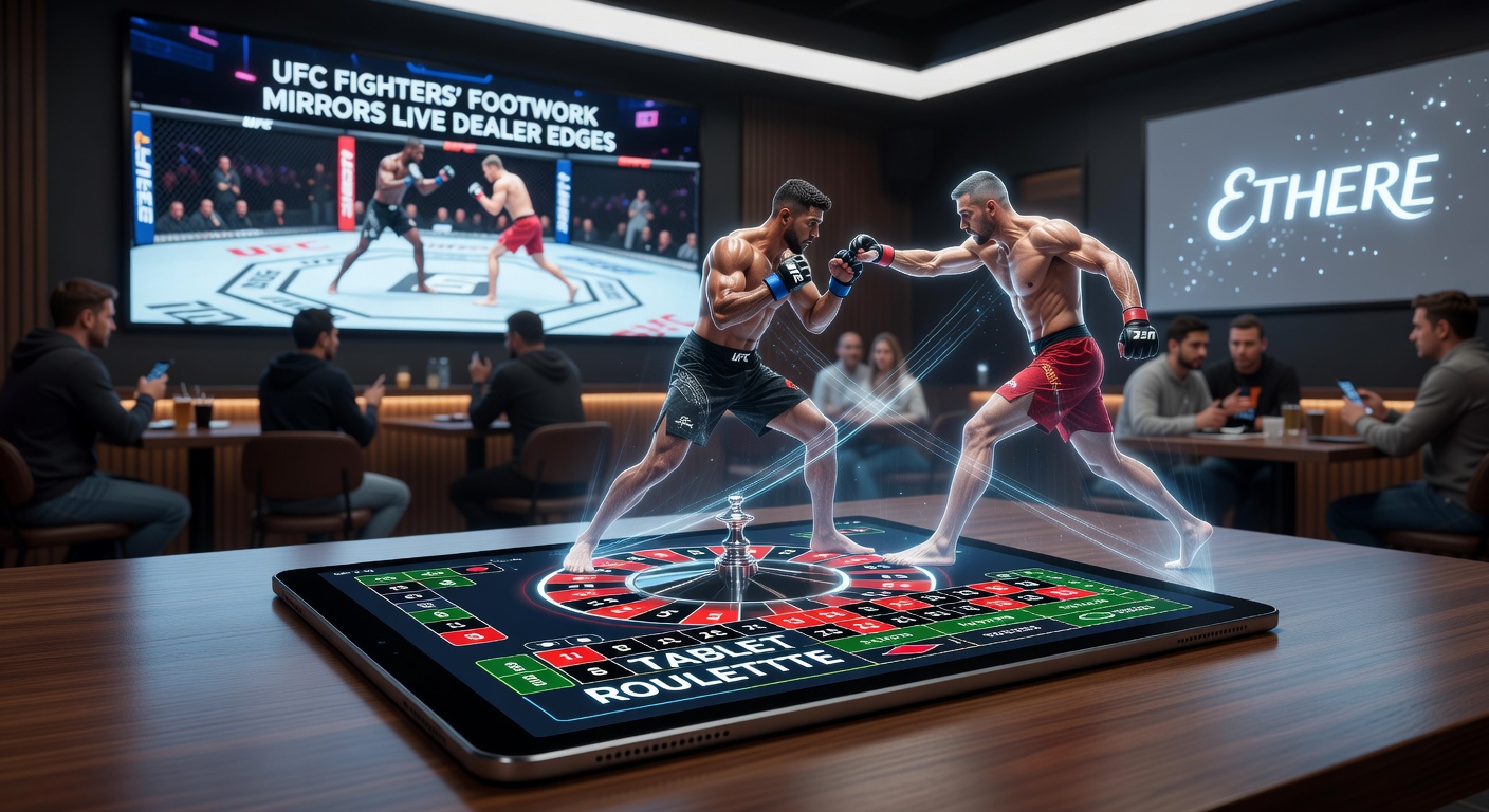 Close-up of a tablet screen showing a live dealer roulette game with Ethereum wallet integration, overlaid with ghostly images of UFC fighters' footwork patterns, highlighting speed and precision