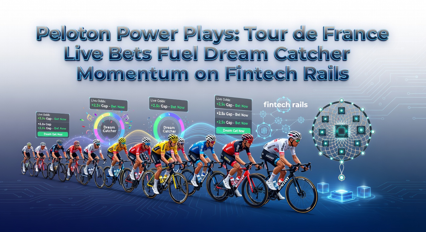 Cyclists in a intense peloton sprint during a Tour de France mountain stage, with overlaid digital betting interfaces showing live odds