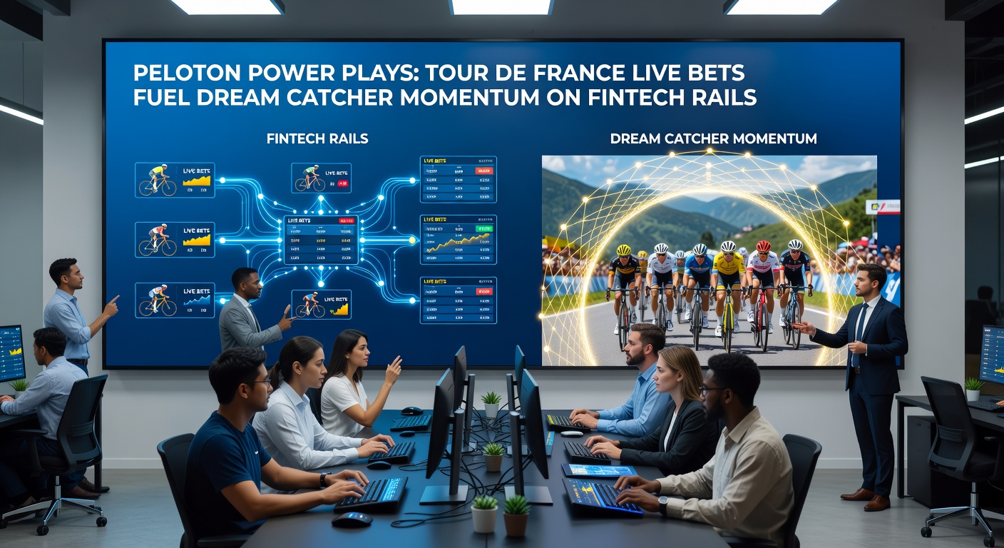 Dream Catcher money wheel in action during a live casino stream, integrated with fintech payment icons and Tour de France betting slips on a mobile screen