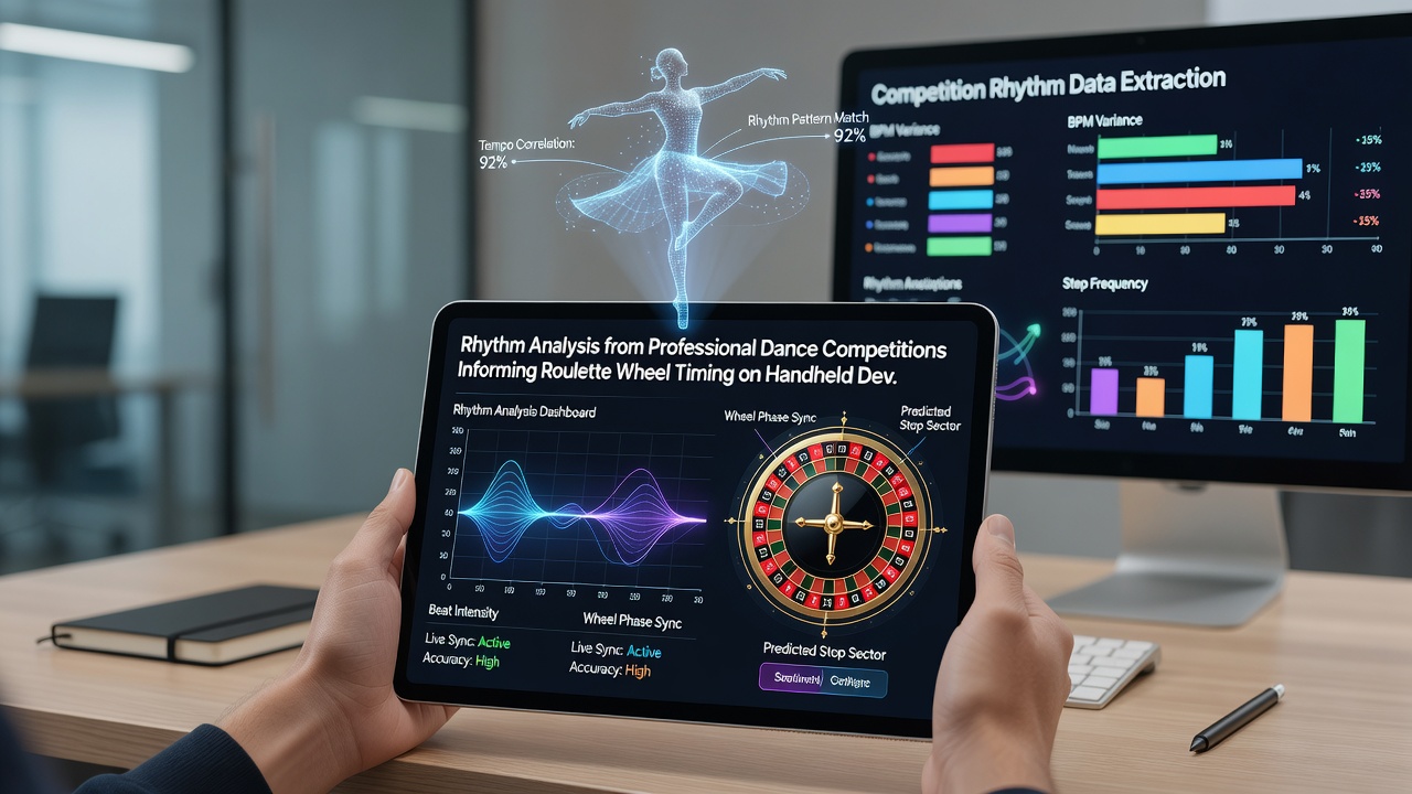 Close-up of a mobile device screen displaying roulette wheel with overlaid rhythm timing indicators and dance beat markers