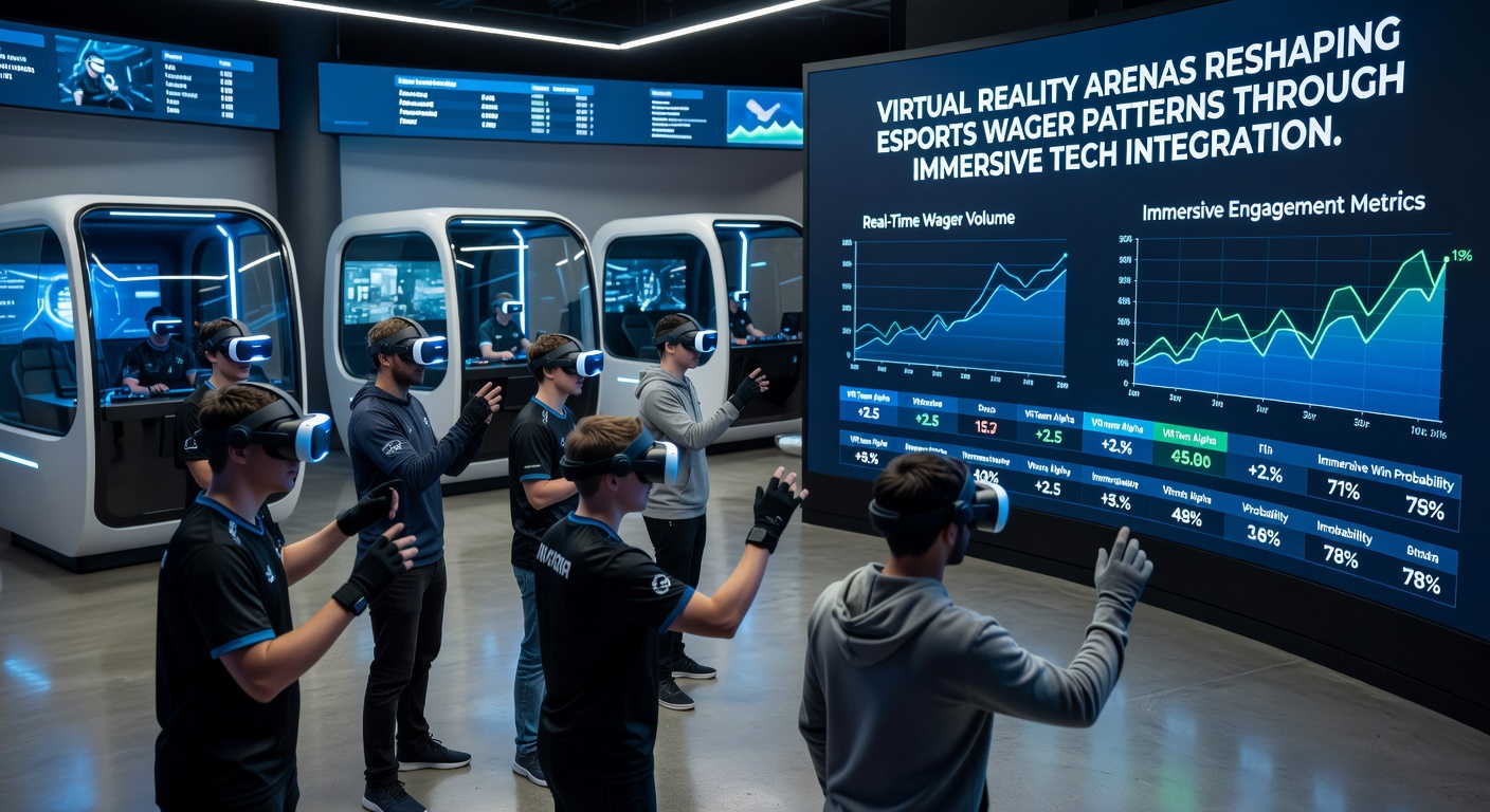 Spectators using VR headsets inside an esports arena to follow live tournament action and place wagers